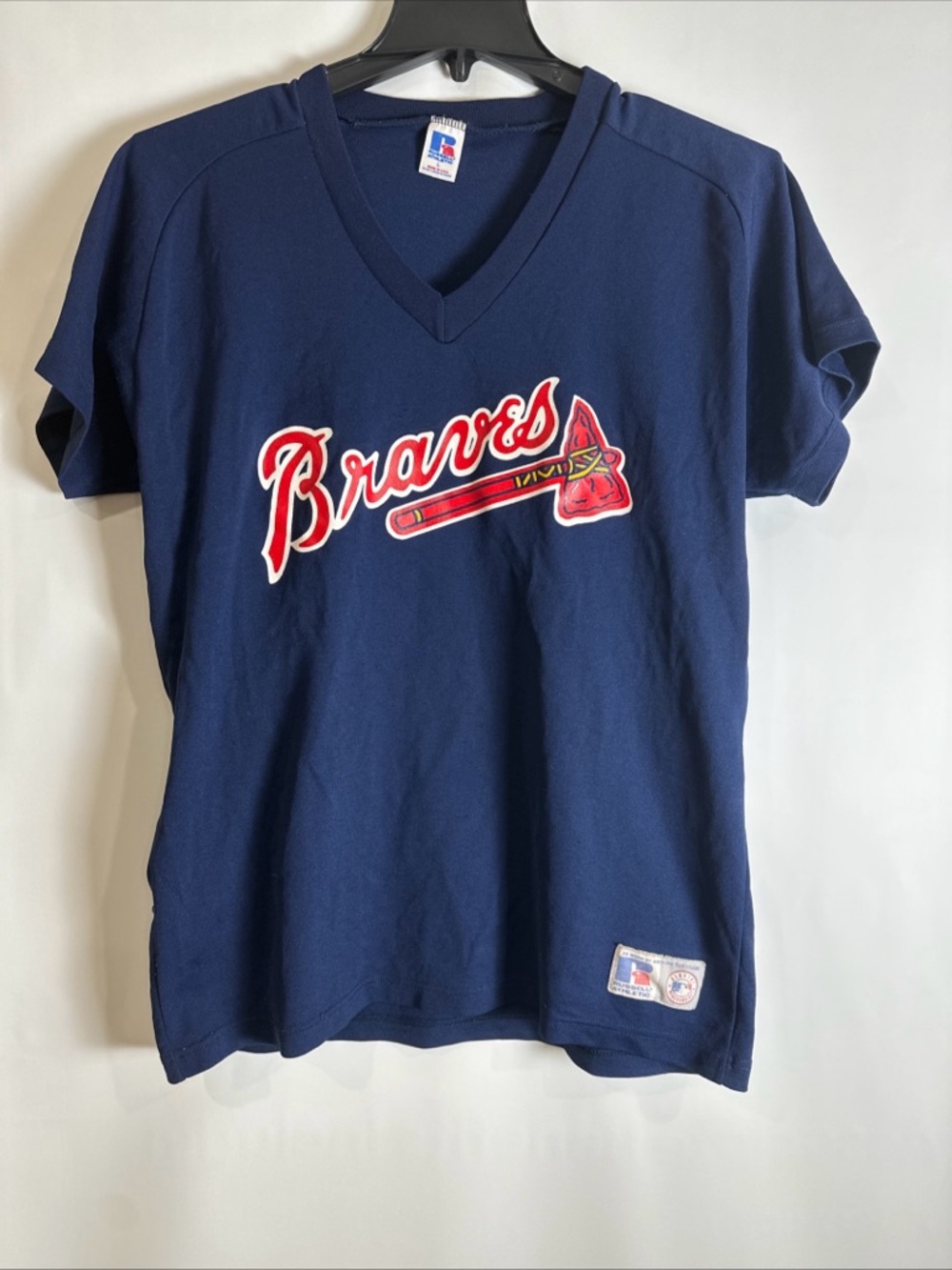 Vintage Russell AthleticAtlanta Braves Navy V-Neck Tee Made In USA